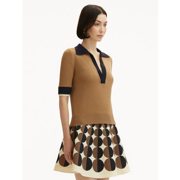 OSCAR DE LA RENTA Short Sleeve Color Block Pullover Top in Walnut Navy L - Picture 2 of 5